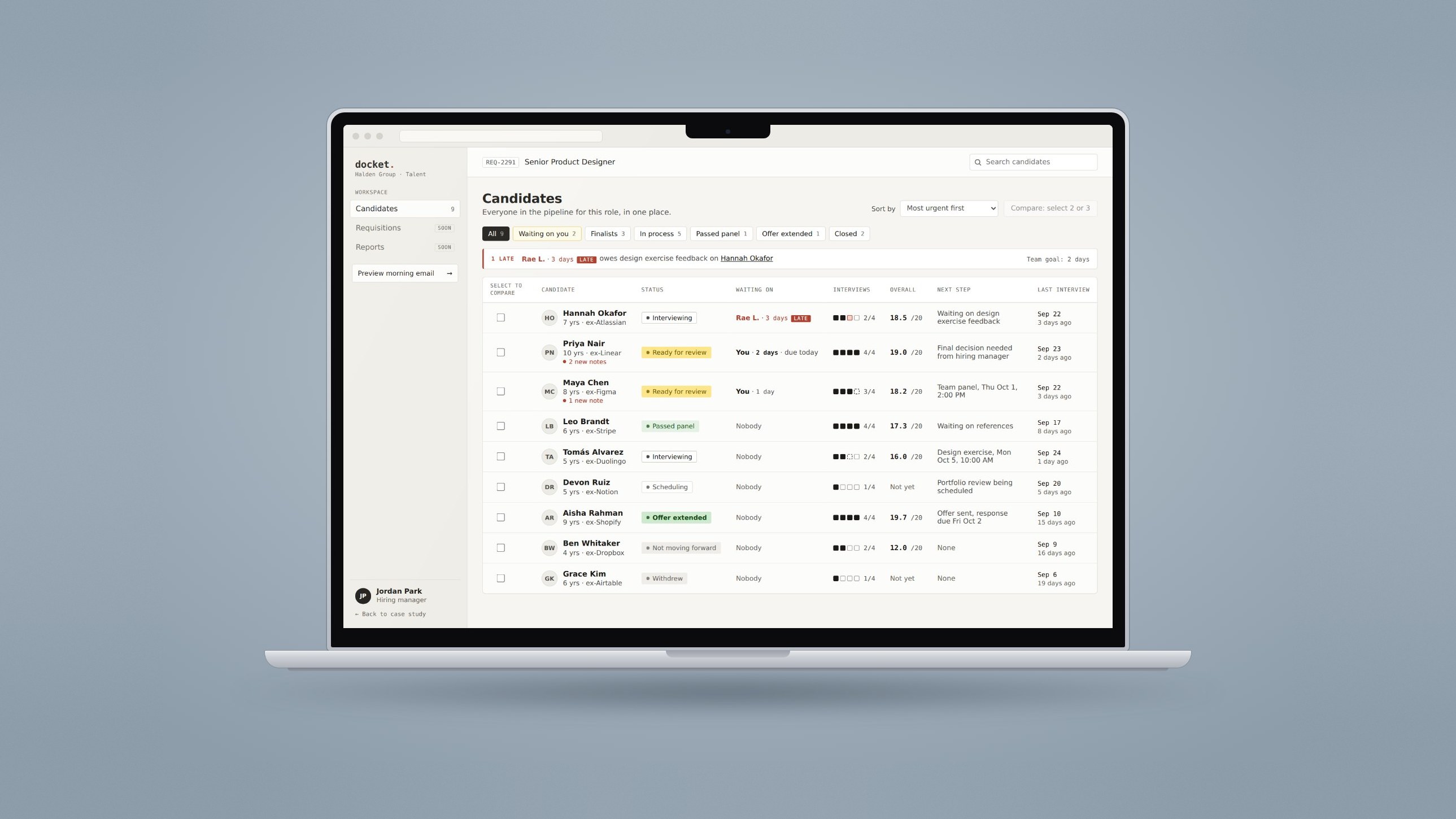 Docket candidate dashboard on a laptop