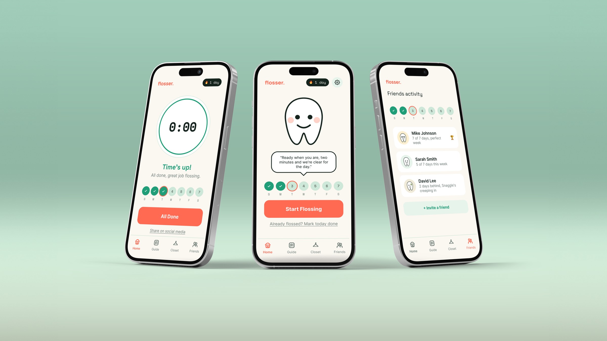 Flosser habit app screens with tooth mascot